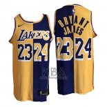 Camiseta Los Angeles Lakers Kobe Bryant LeBron James NO 24 23 Split Amarillo Violeta