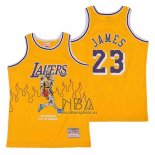 Camiseta Los Angeles Lakers LeBron James NO 23 Hardwood Classics Skull Edition Amarillo