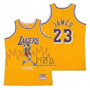 Camiseta Los Angeles Lakers LeBron James NO 23 Hardwood Classics Skull Edition Amarillo