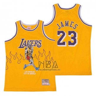 Camiseta Los Angeles Lakers LeBron James NO 23 Hardwood Classics Skull Edition Amarillo