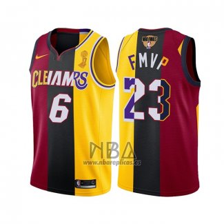 Camiseta Los Angeles Lakers Lebron James NO 6 23 2020 FMVP Heat Cavaliers Split Dual Number Rojo Oro