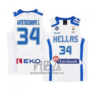 Camiseta Grecia Giannis Antetokounmpo NO 34 2019 FIBA Baketball World Cup Blanco